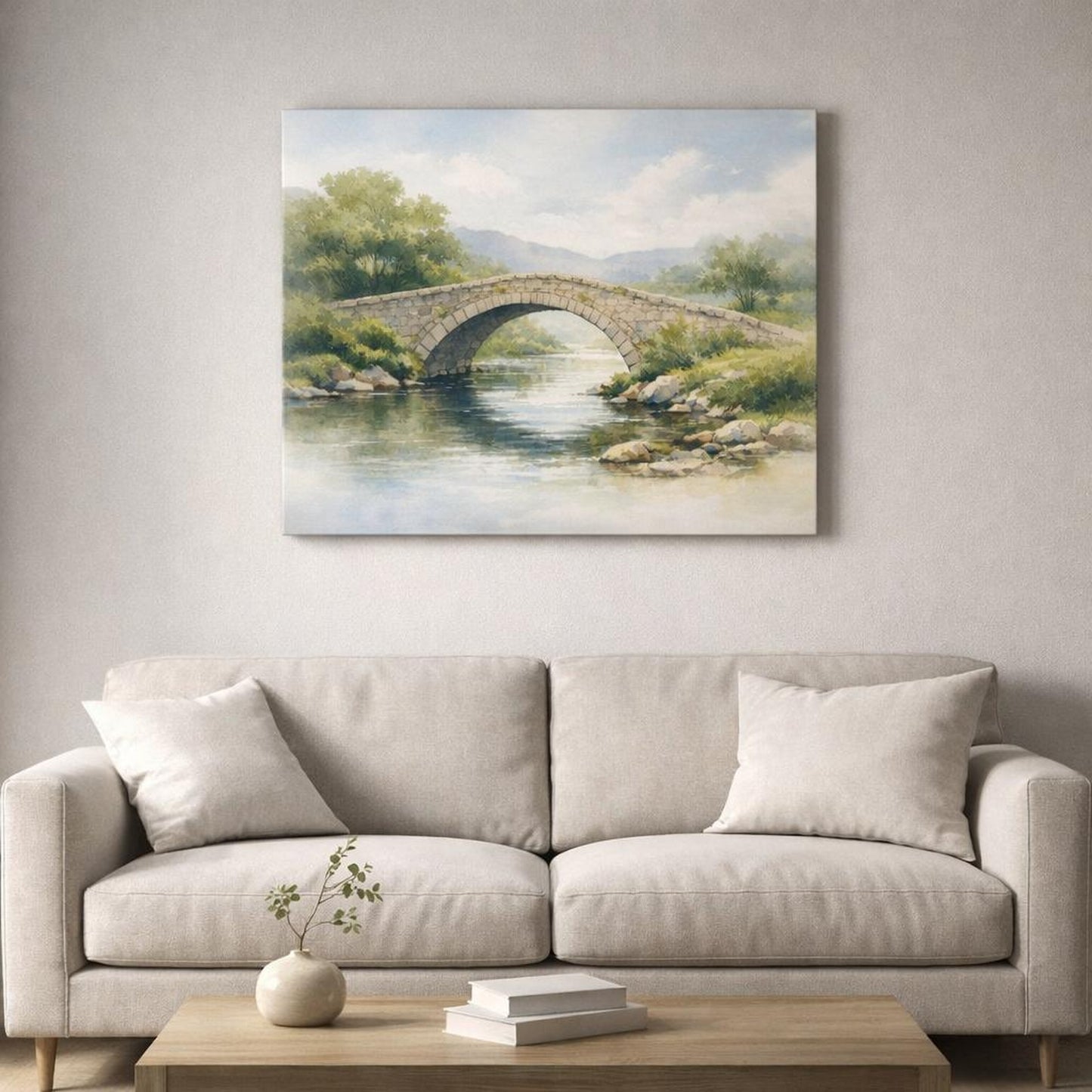 Watercolor Stone Bridge shown as canvas wall art in a refined dining room