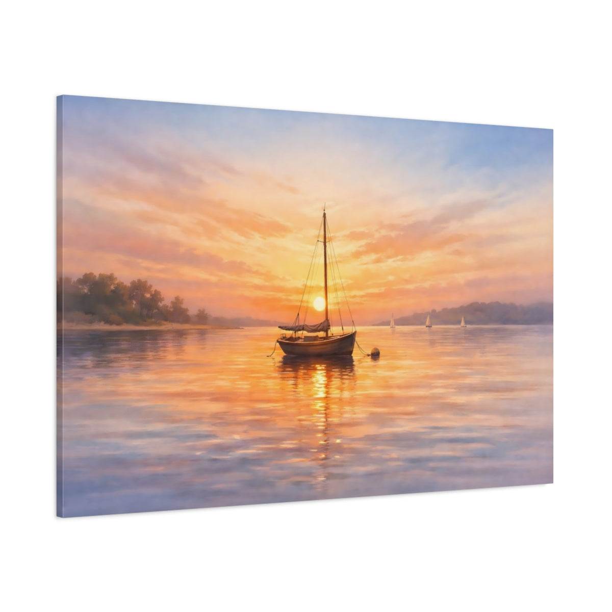 Main Mockup. Watercolor Sunset Boat shown as stretched canvas wall art