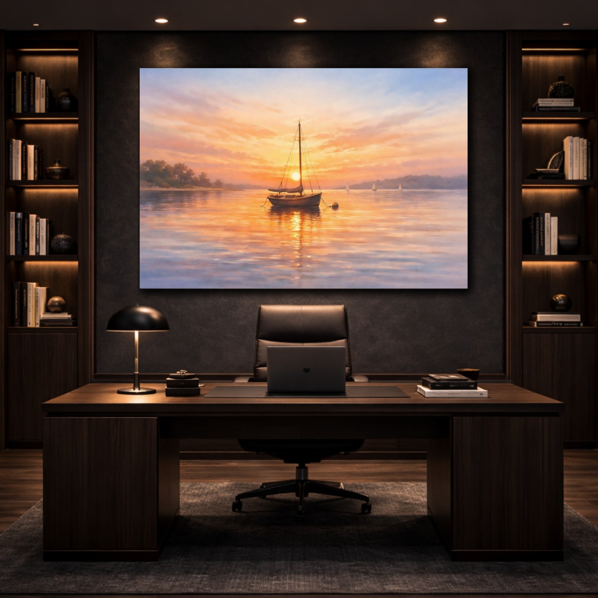 Mockup 2. Watercolor Sunset Boat shown as stretched canvas wall art