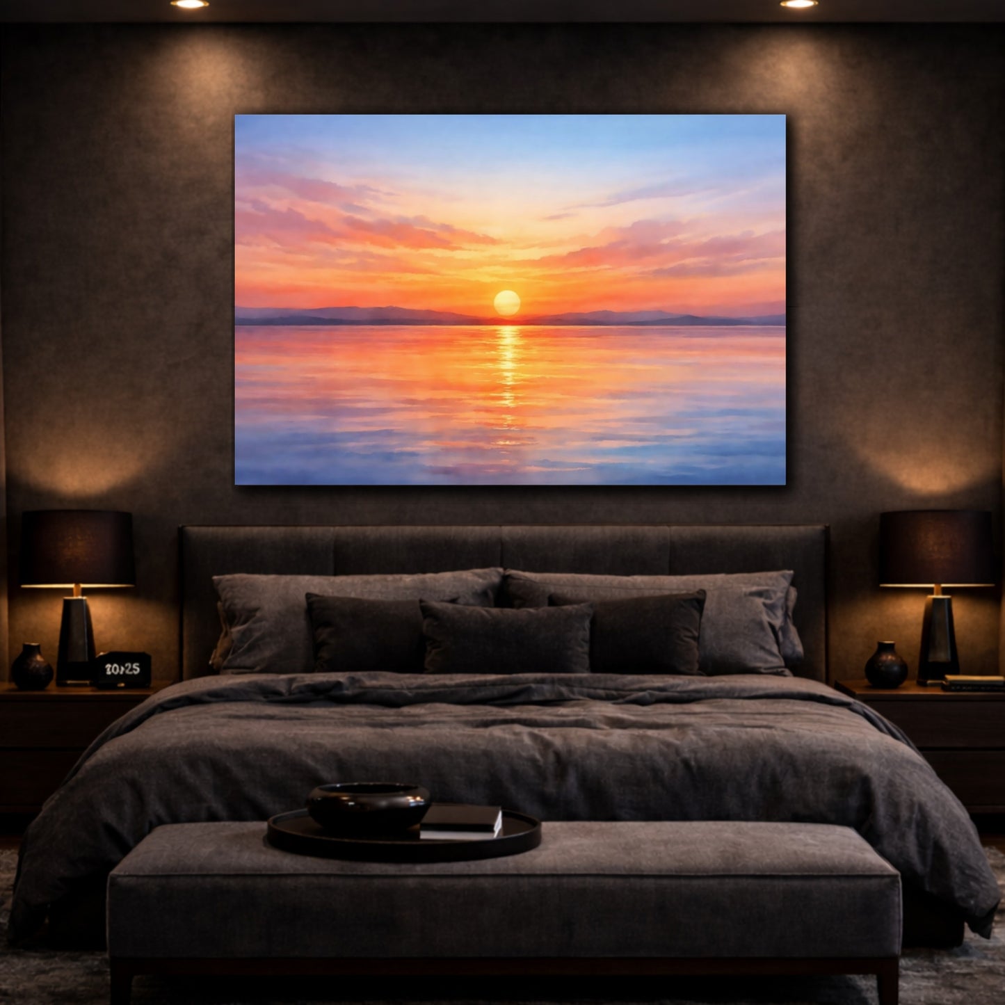 Mockup 3. Watercolor Sunset Horizon shown as stretched canvas wall art