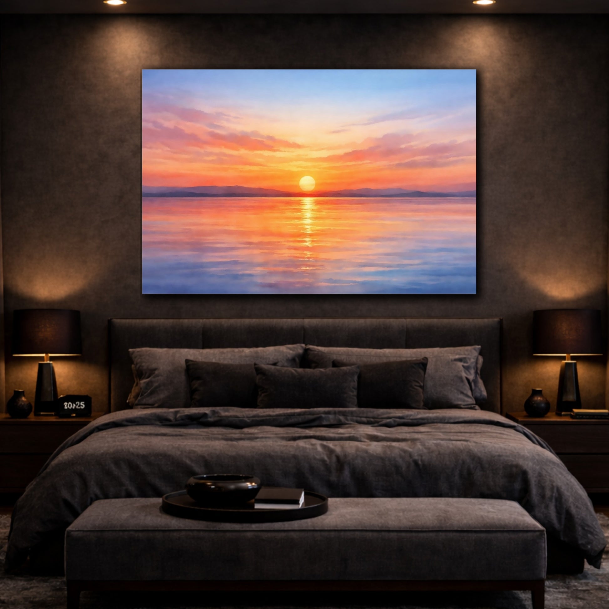 Mockup 3. Watercolor Sunset Horizon shown as stretched canvas wall art