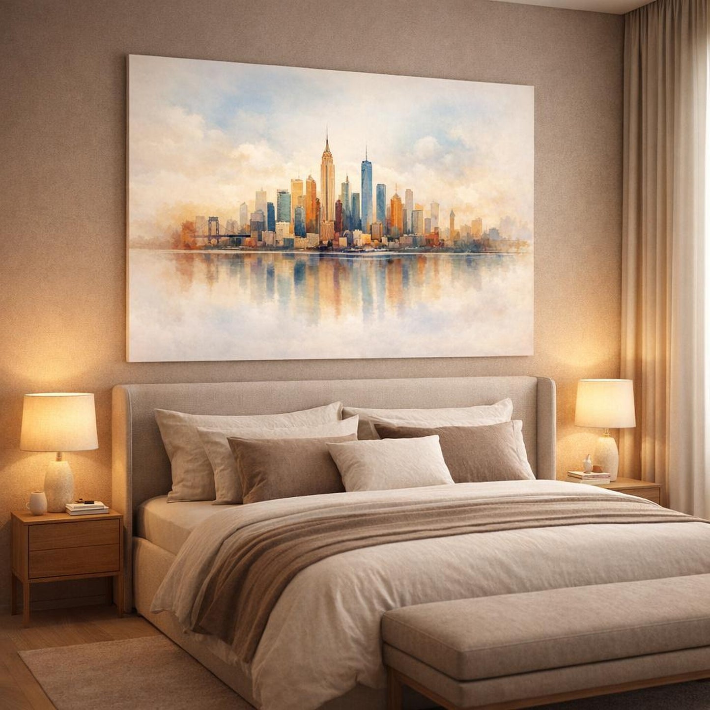 Watercolor Textured City Skyline shown as canvas wall art in a luxury bedroom