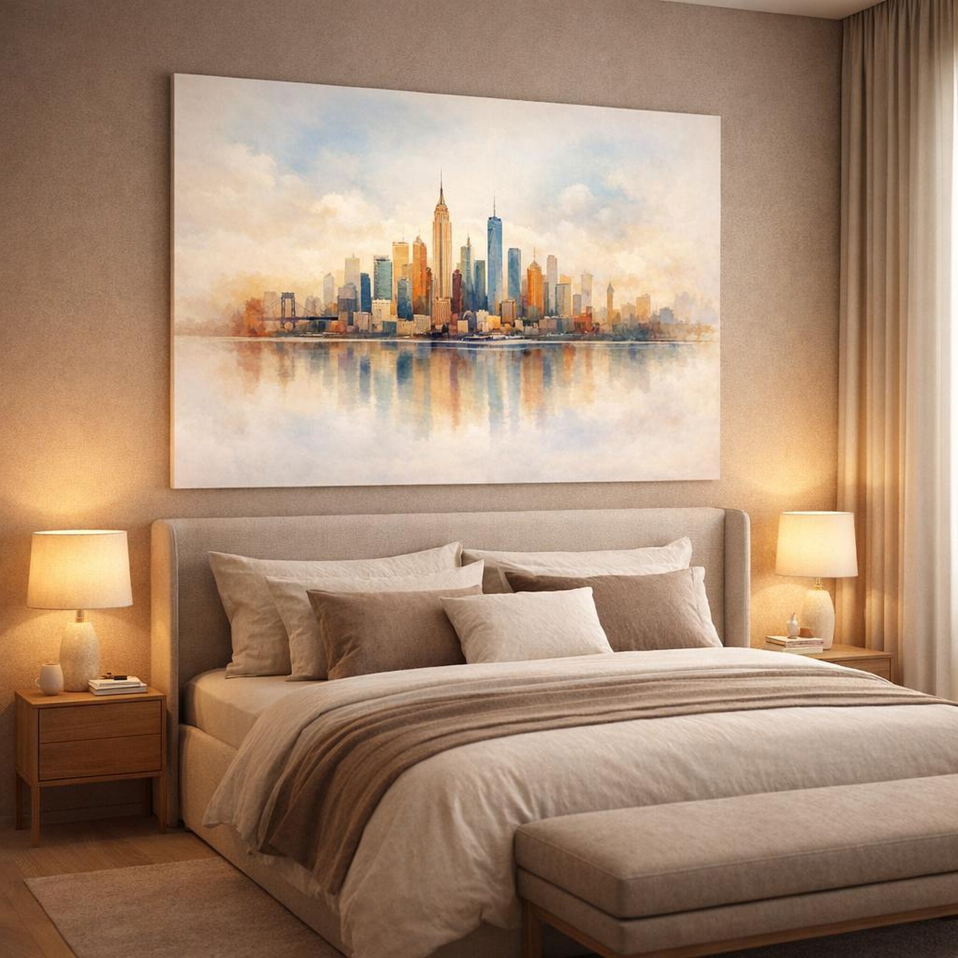 Watercolor Textured City Skyline shown as canvas wall art in a luxury bedroom