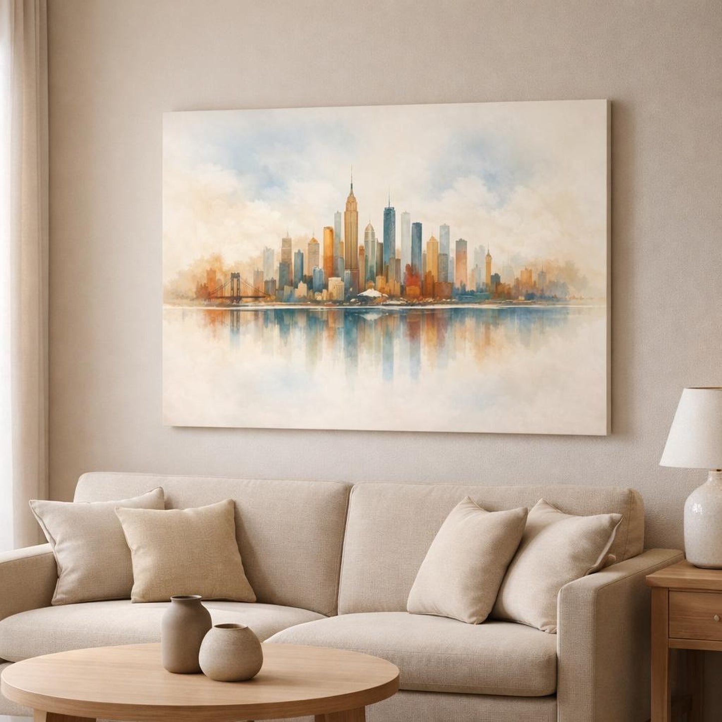 Watercolor Textured City Skyline shown as canvas wall art in a modern living room