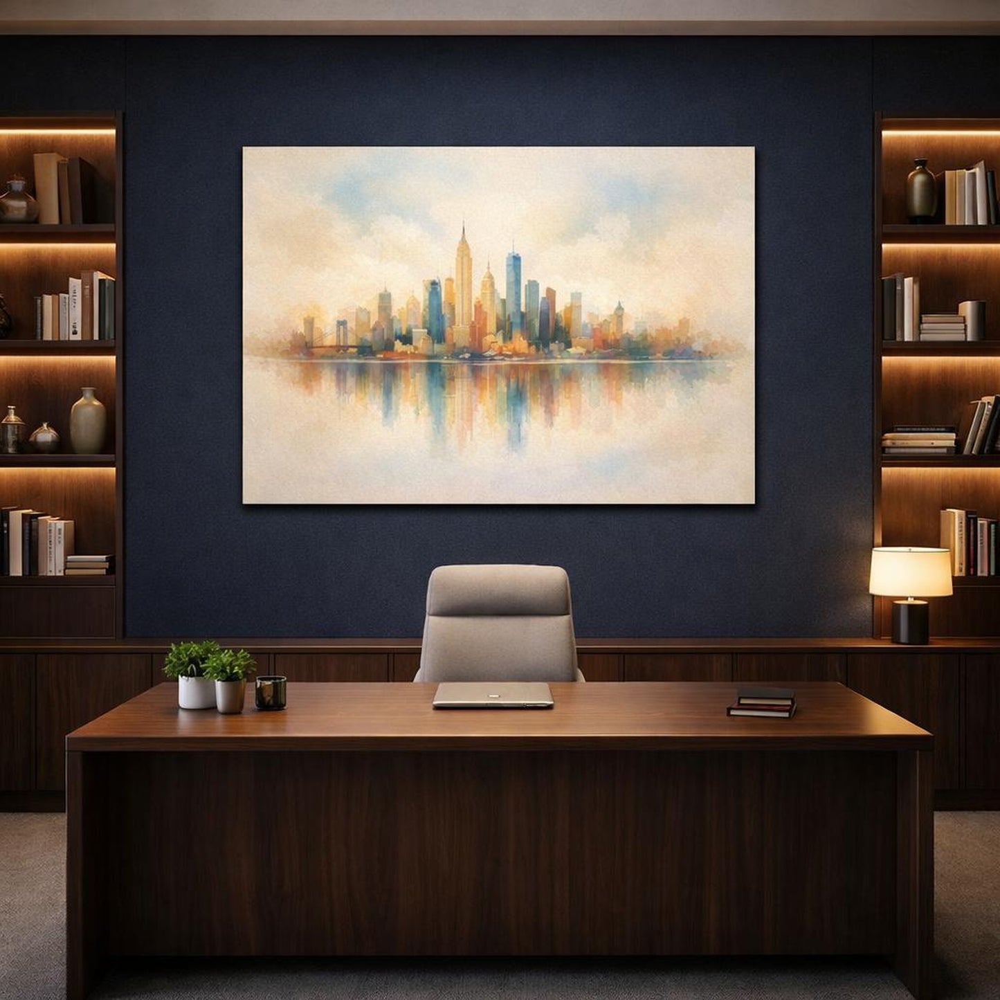 Watercolor Textured City Skyline shown as canvas wall art in a refined dining room