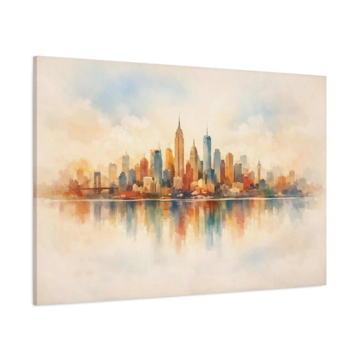 Watercolor Textured City Skyline shown as stretched canvas wall art