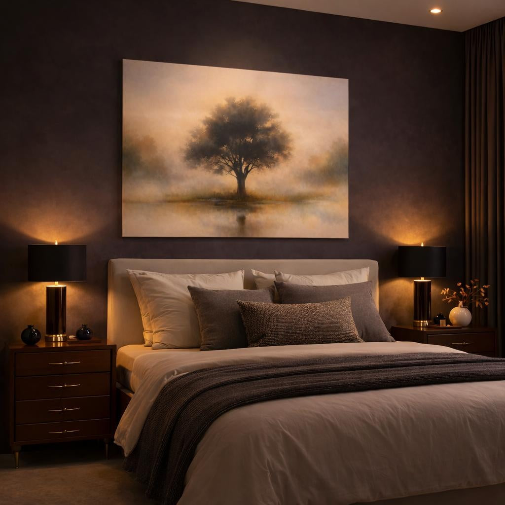 Watercolor Tree Silhouette shown as canvas wall art in a luxury bedroom
