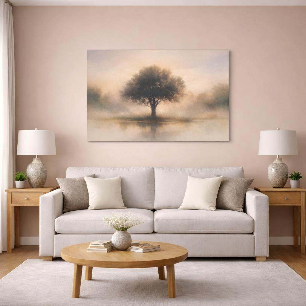 Watercolor Tree Silhouette shown as canvas wall art in a modern living room