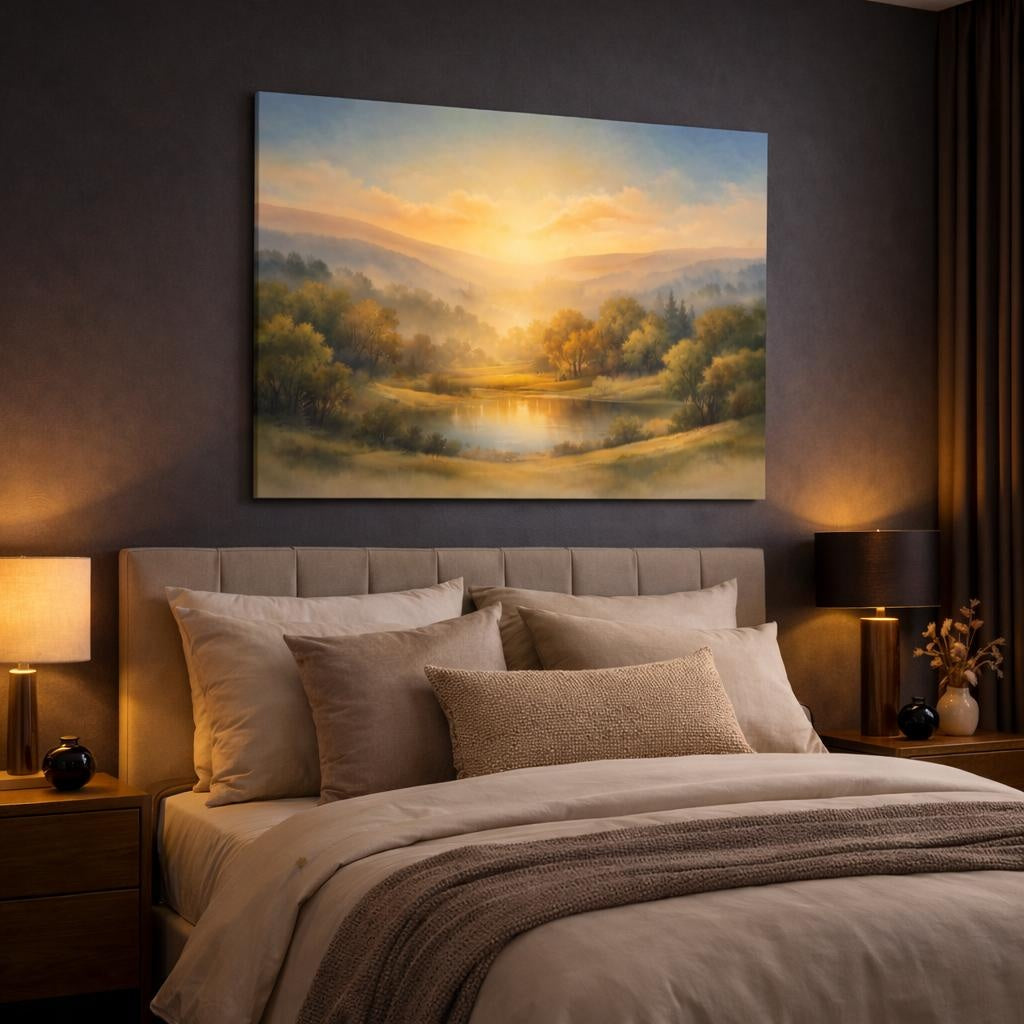 Watercolor Trees Hills shown as canvas wall art in a luxury bedroom