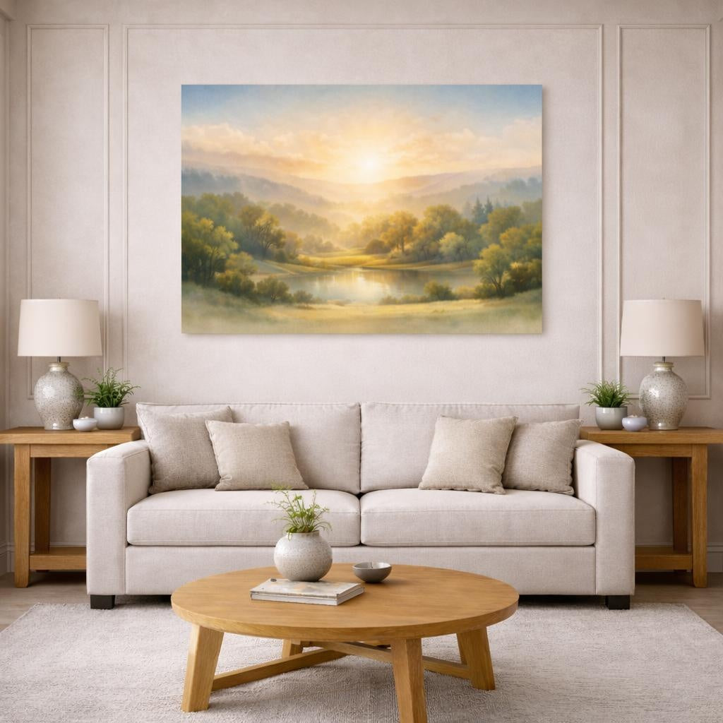 Watercolor Trees Hills shown as canvas wall art in a modern living room