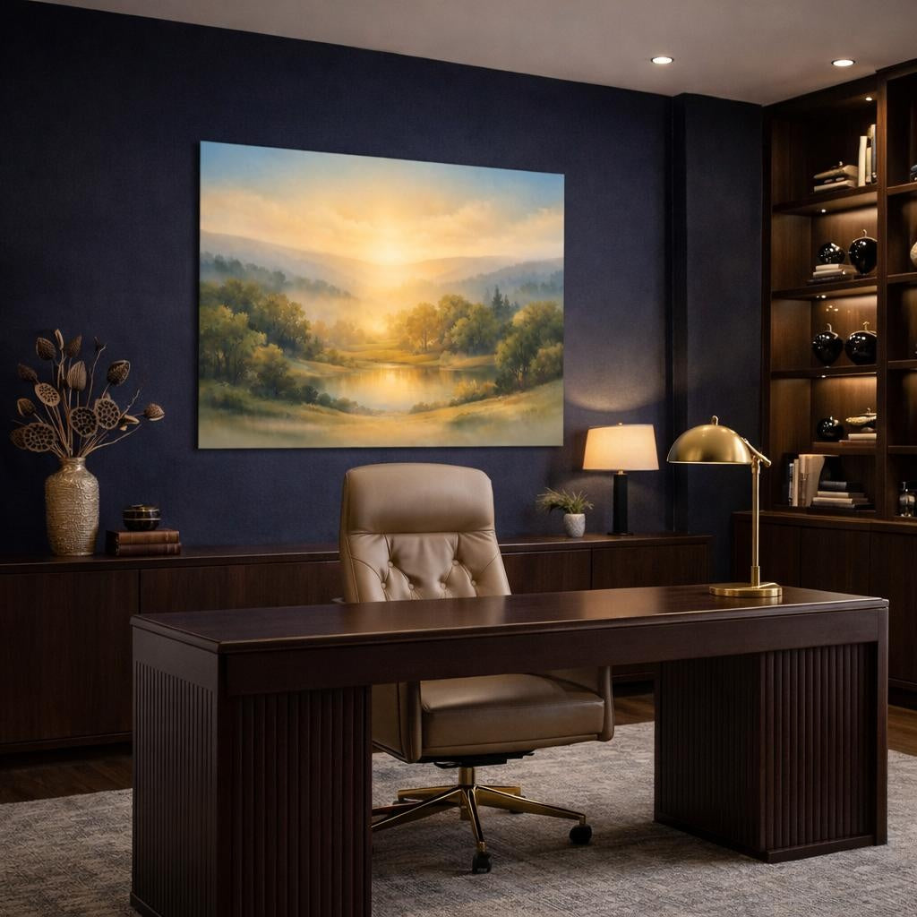 Watercolor Trees Hills shown as canvas wall art in a refined dining room