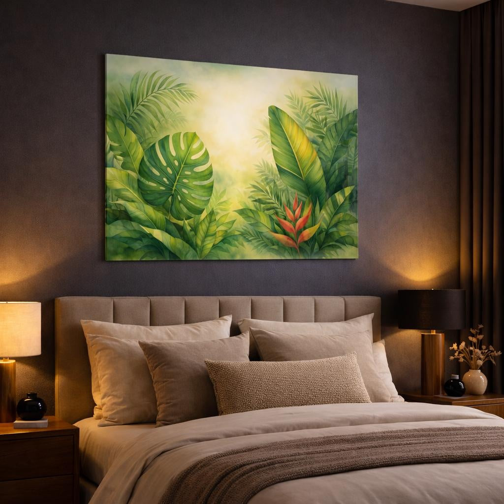 Watercolor Tropical Leaves shown as canvas wall art in a luxury bedroom
