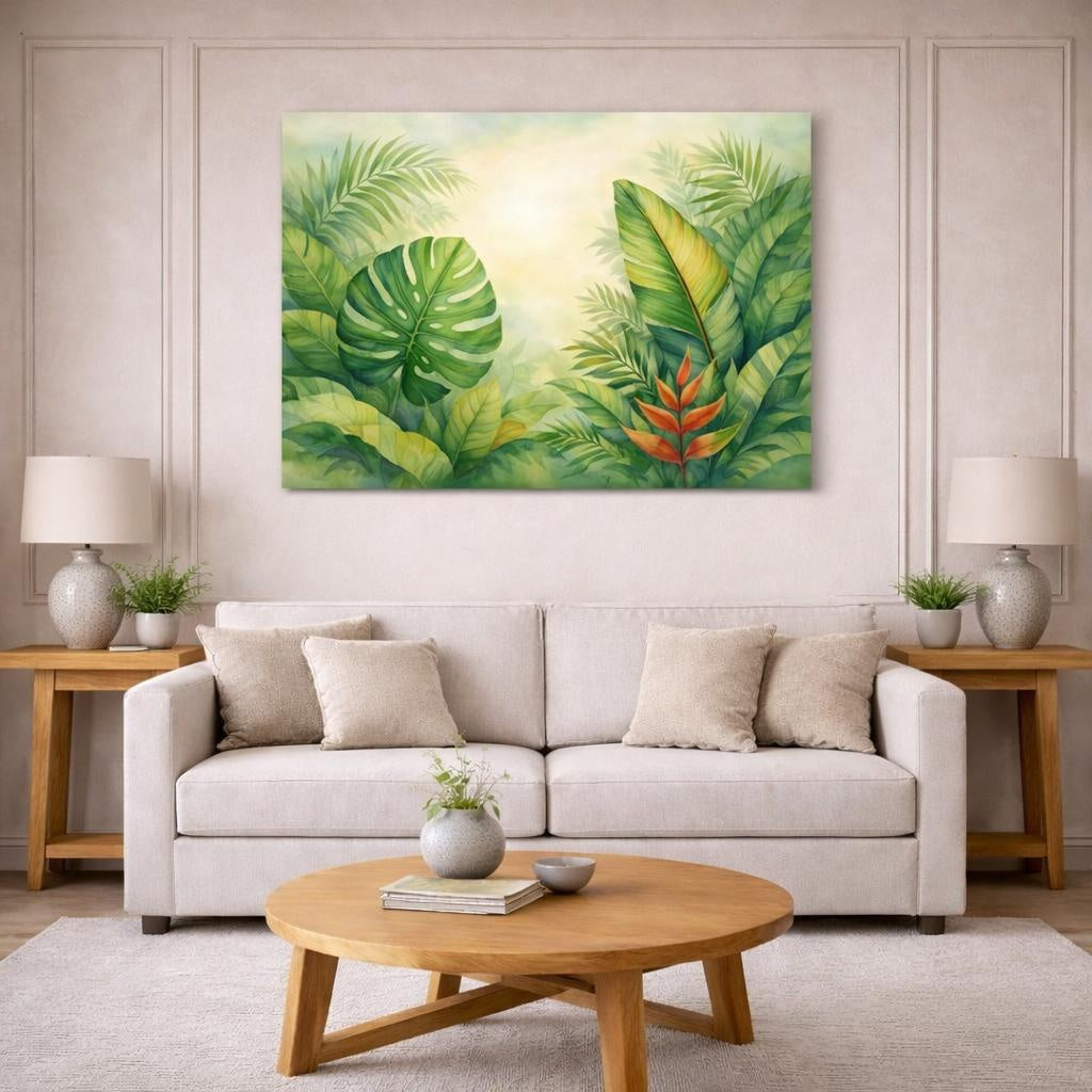 Watercolor Tropical Leaves shown as canvas wall art in a modern living room