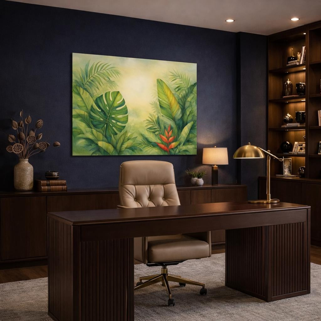 Watercolor Tropical Leaves shown as canvas wall art in a refined dining room