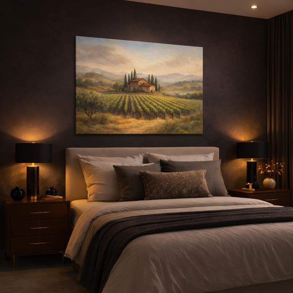 Watercolor Tuscan Vineyard shown as canvas wall art in a luxury bedroom