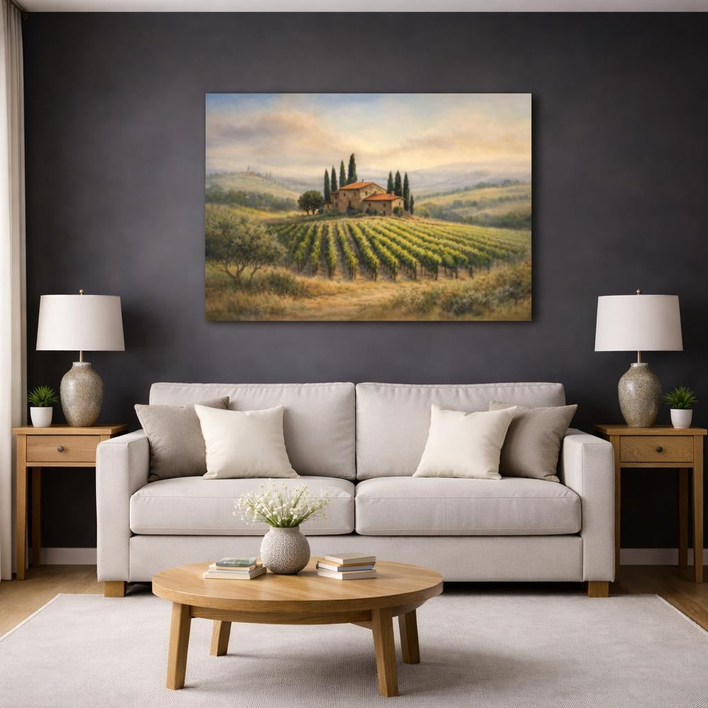 Watercolor Tuscan Vineyard shown as canvas wall art in a modern living room