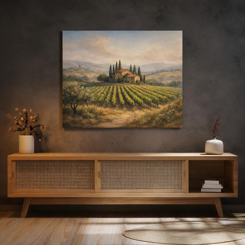 Watercolor Tuscan Vineyard shown as canvas wall art in a refined dining room