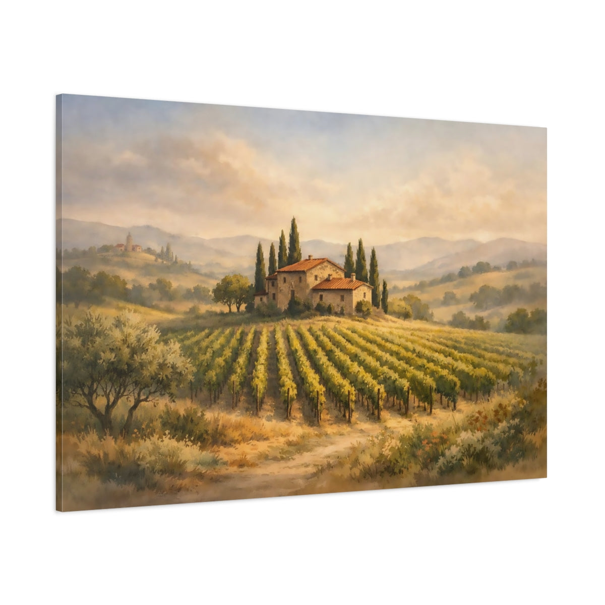 Watercolor Tuscan Vineyard shown as stretched canvas wall art