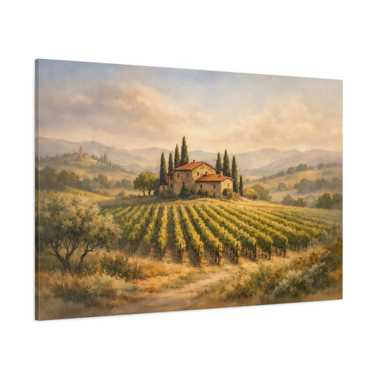 Watercolor Tuscan Vineyard shown as stretched canvas wall art