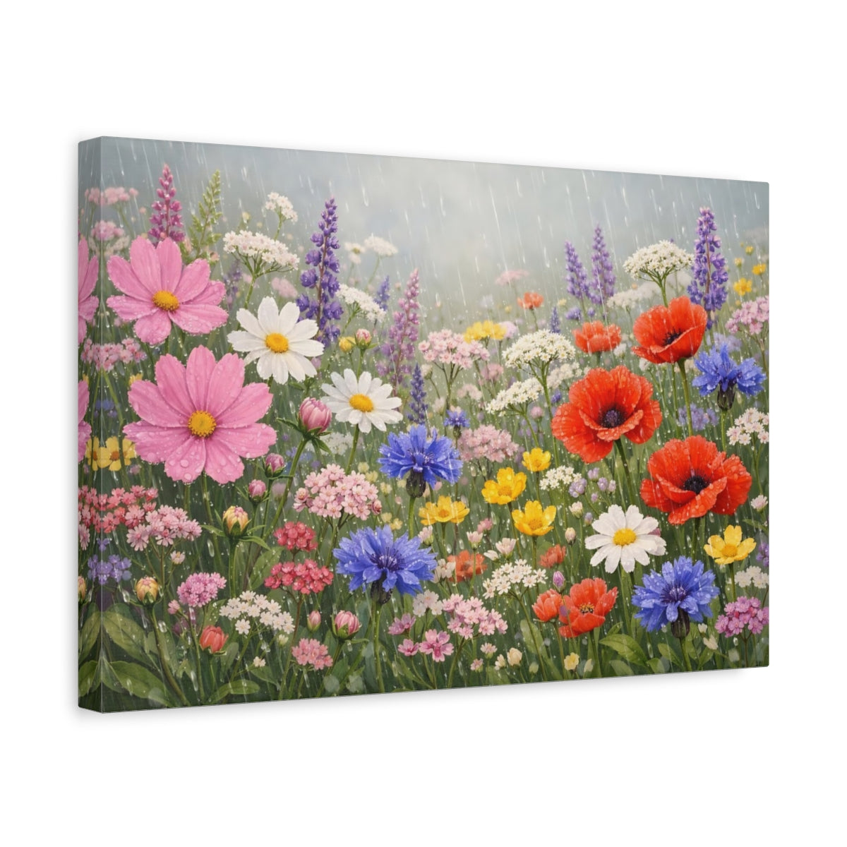 Side Mockup 4. Floral Wildflowers Colorful Rain Flowers shown as stretched canvas wall art