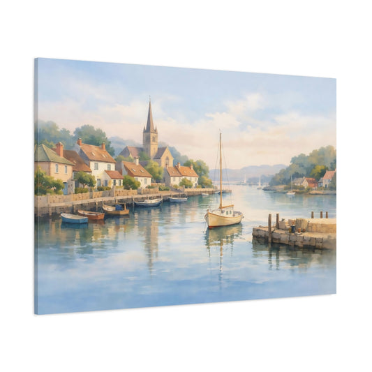 Watercolor Village Harbor View shown as stretched canvas wall art