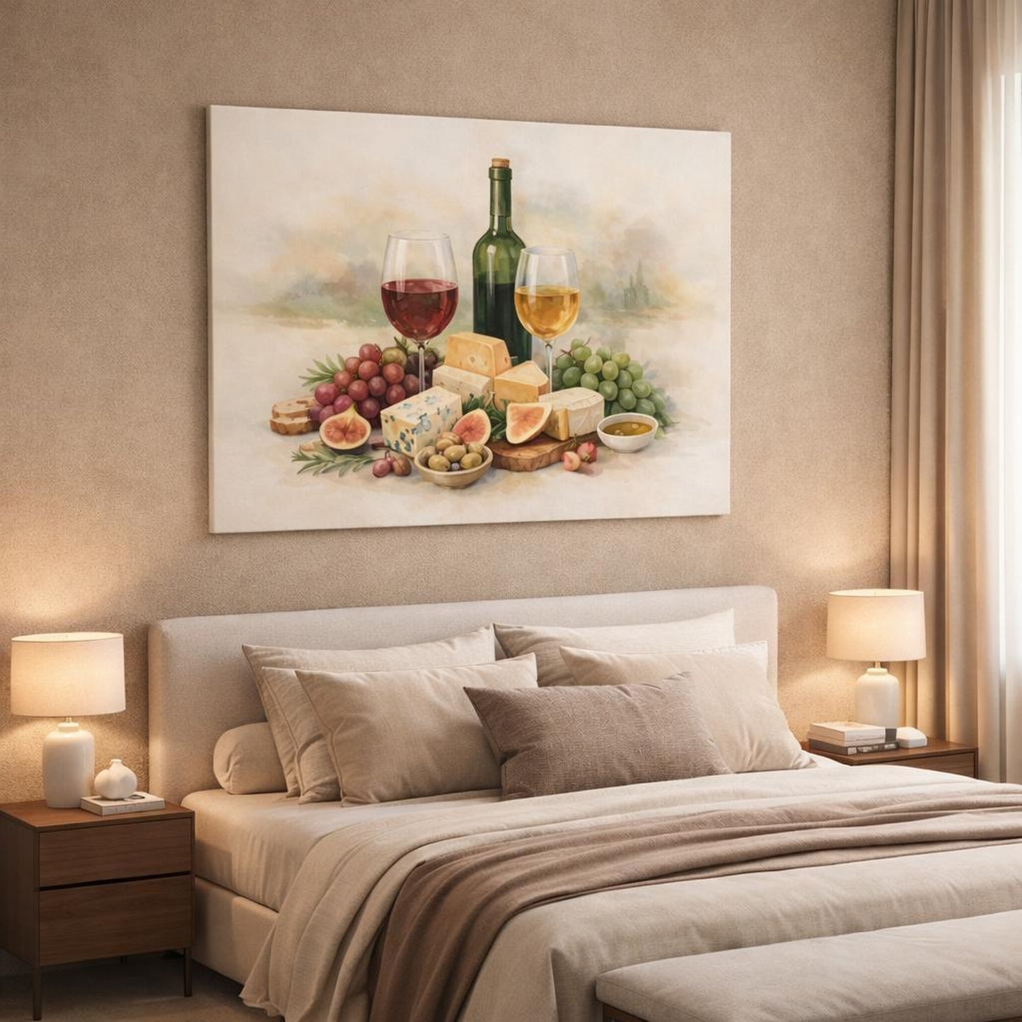 Watercolor Wine Pairing shown as canvas wall art in a luxury bedroom