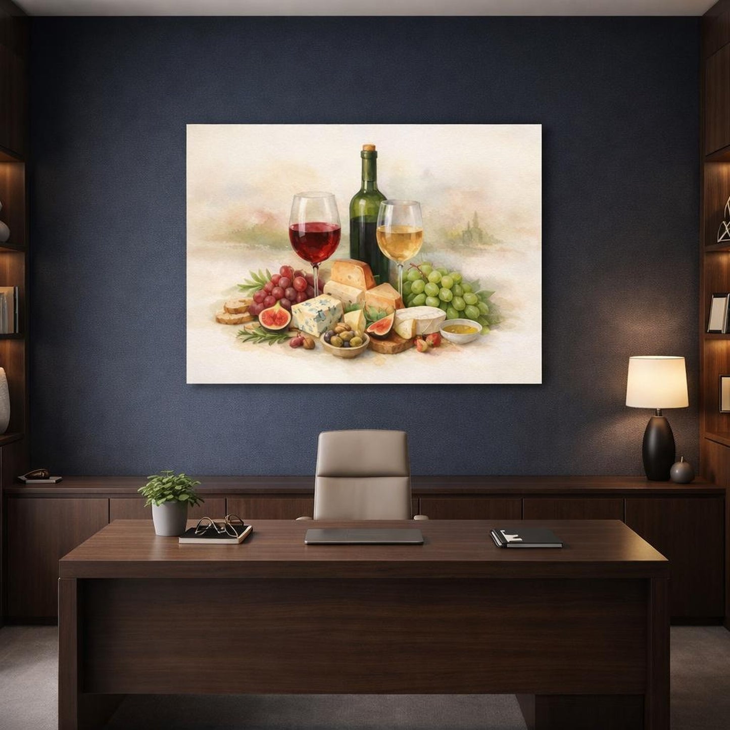 Watercolor Wine Pairing shown as canvas wall art in a refined dining room
