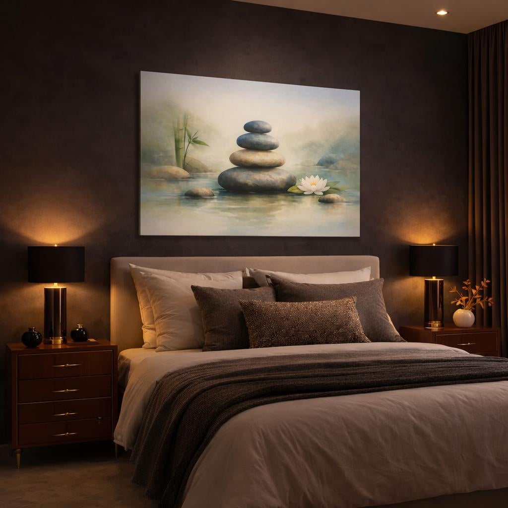 Watercolor Zen Stones shown as canvas wall art in a luxury bedroom