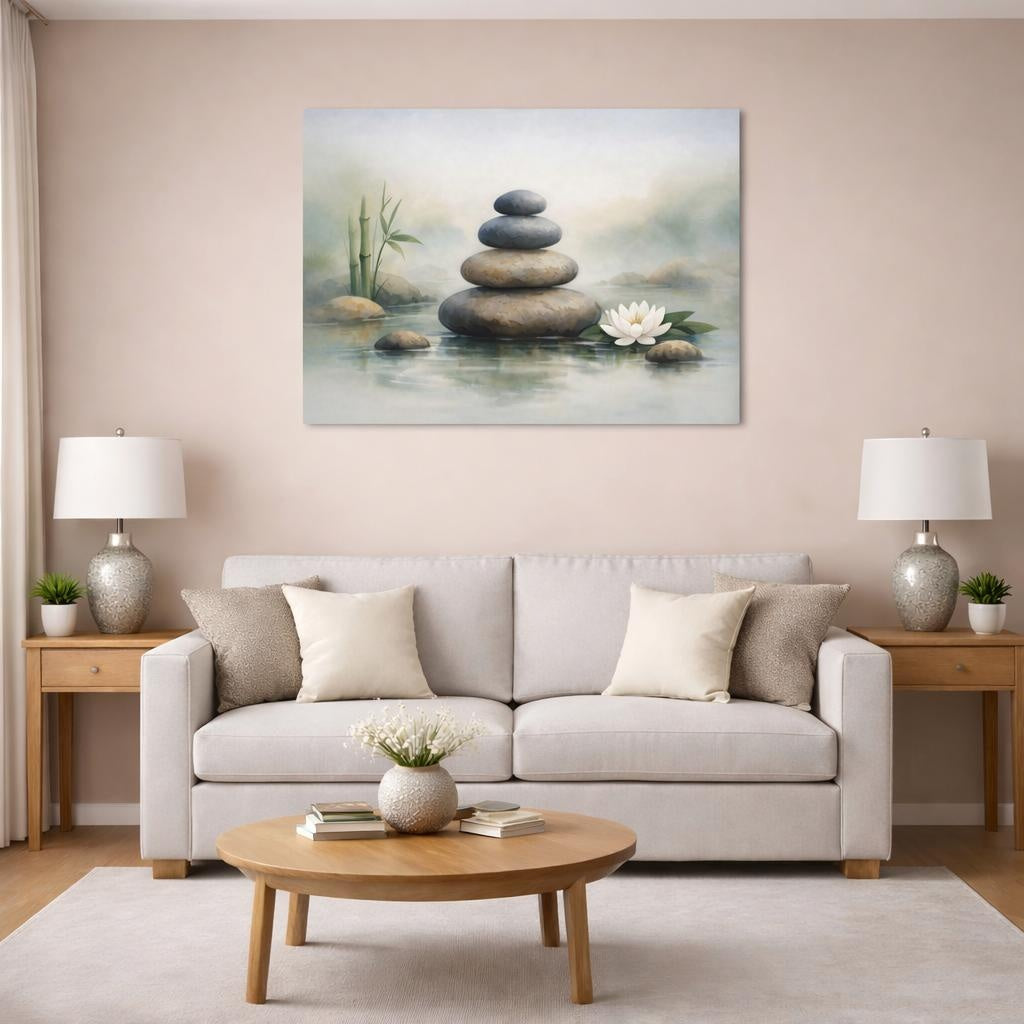 Watercolor Zen Stones shown as canvas wall art in a modern living room