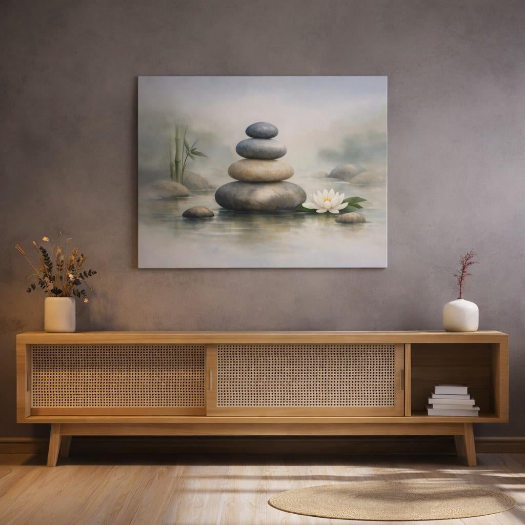 Watercolor Zen Stones shown as canvas wall art in a refined dining room