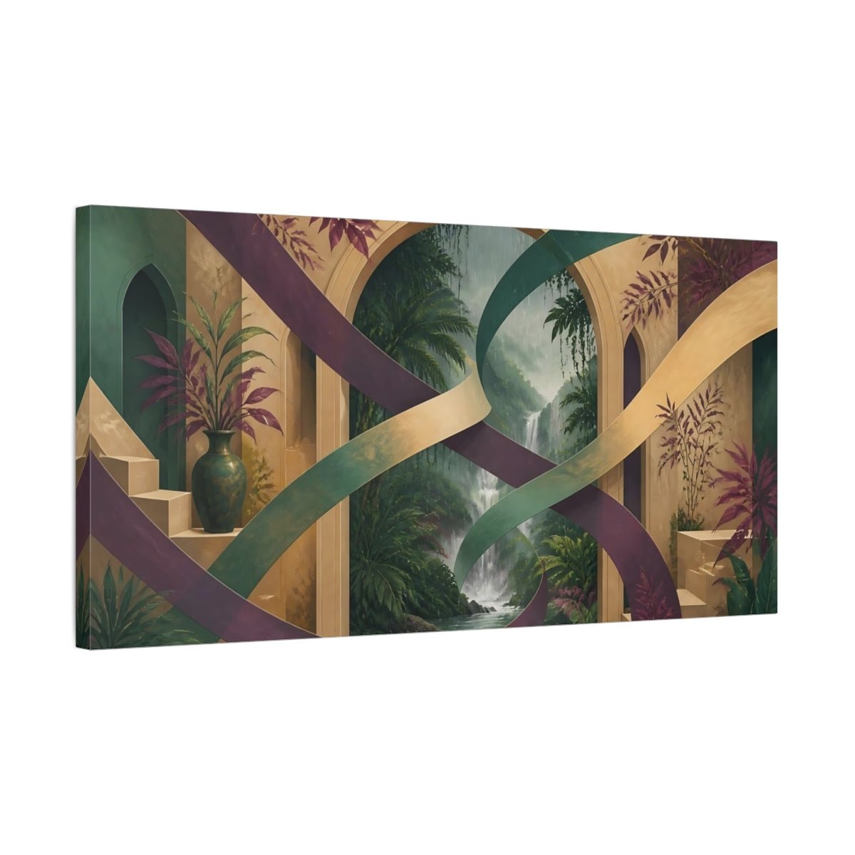 Waterfall Archway Escape Canvas Print – Living Room, Above Couch, Teal & Gold - YesArtYes