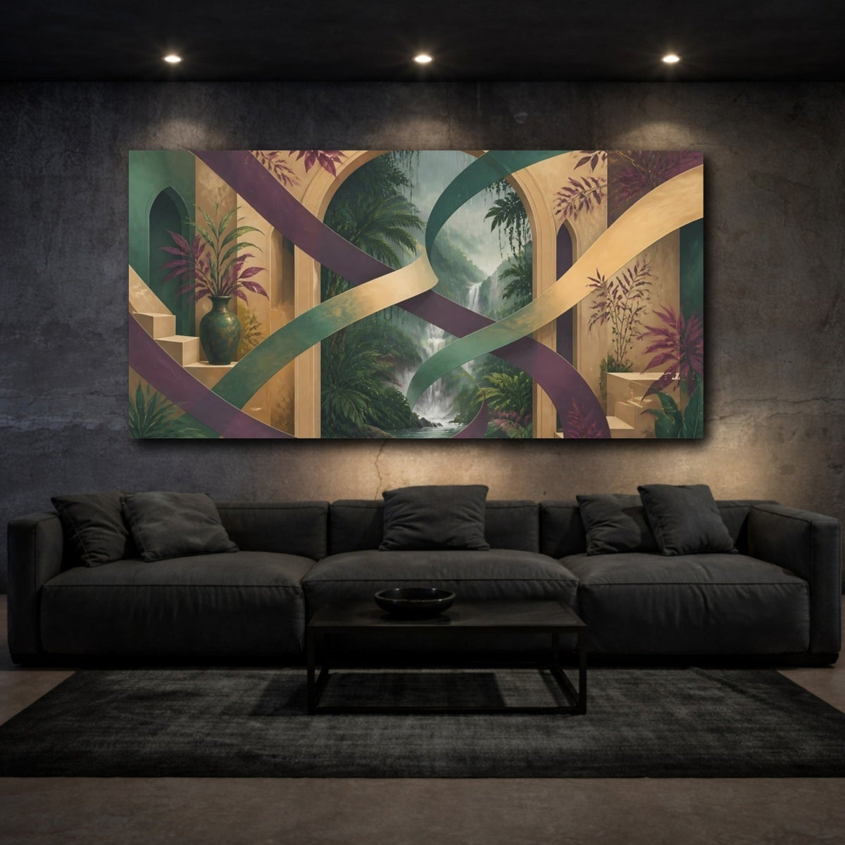 Waterfall Archway Escape Canvas Print – Living Room, Above Couch, Teal & Gold - YesArtYes