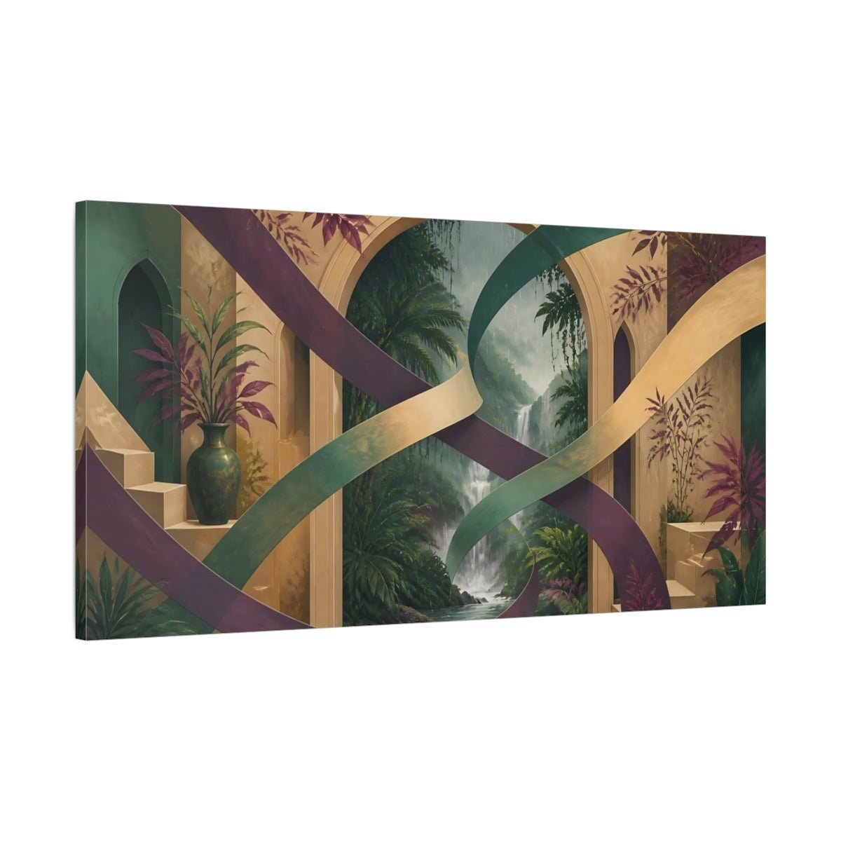 Waterfall Archway Escape Canvas Print – Living Room, Above Couch, Teal & Gold - YesArtYes