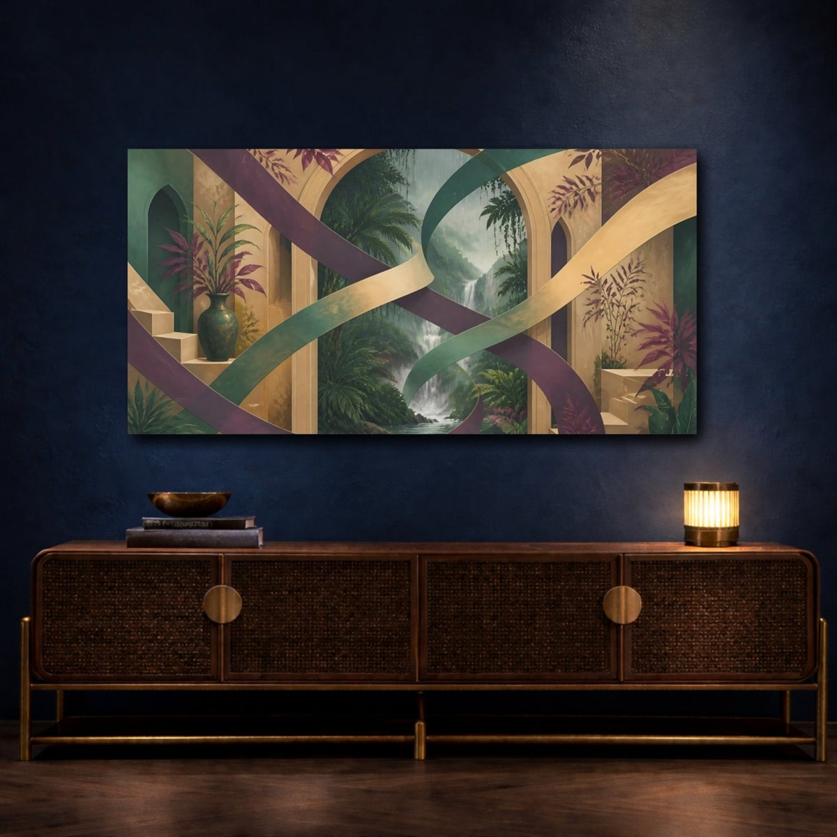 Waterfall Archway Escape Canvas Print – Living Room, Above Couch, Teal & Gold - YesArtYes