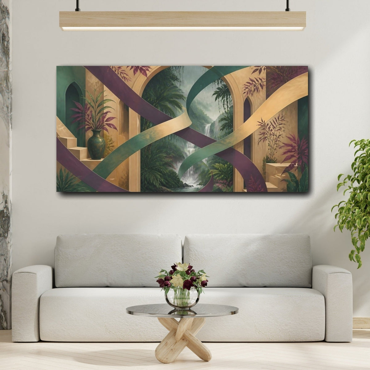 Waterfall Archway Escape Canvas Print – Living Room, Above Couch, Teal & Gold - YesArtYes