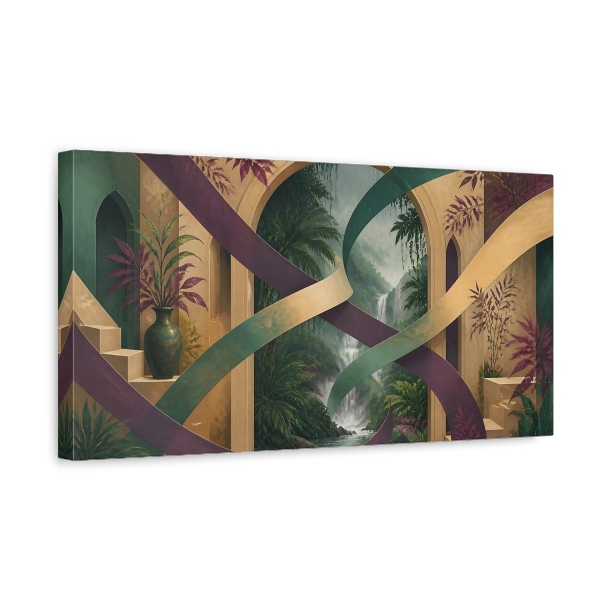 Waterfall Archway Escape Canvas Print – Living Room, Above Couch, Teal & Gold - YesArtYes