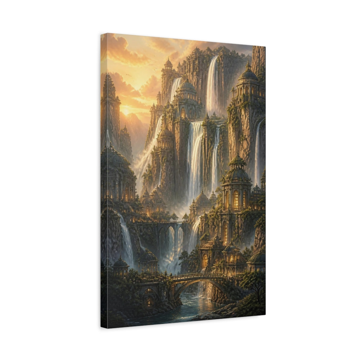 Side Mockup 3. Waterfall City At Sunset shown as canvas print