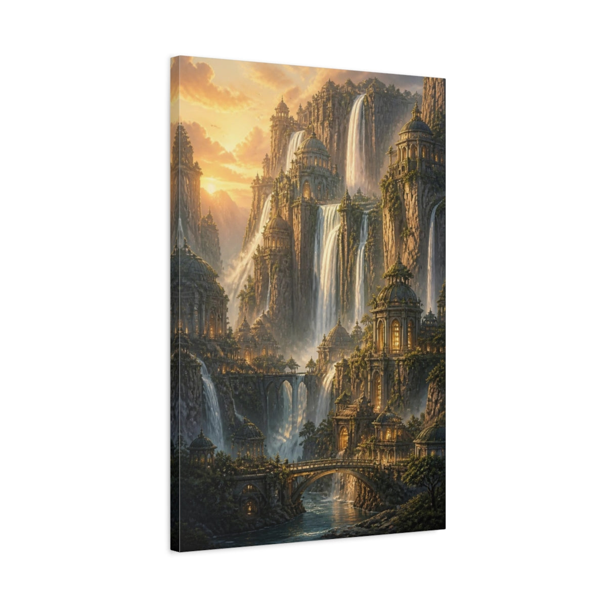 Side Mockup 2. Waterfall City At Sunset shown as canvas print