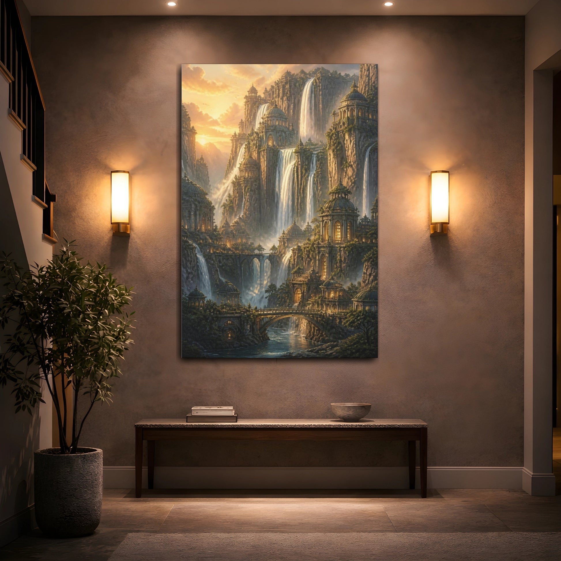 Mockup 2. Waterfall City At Sunset shown as canvas print