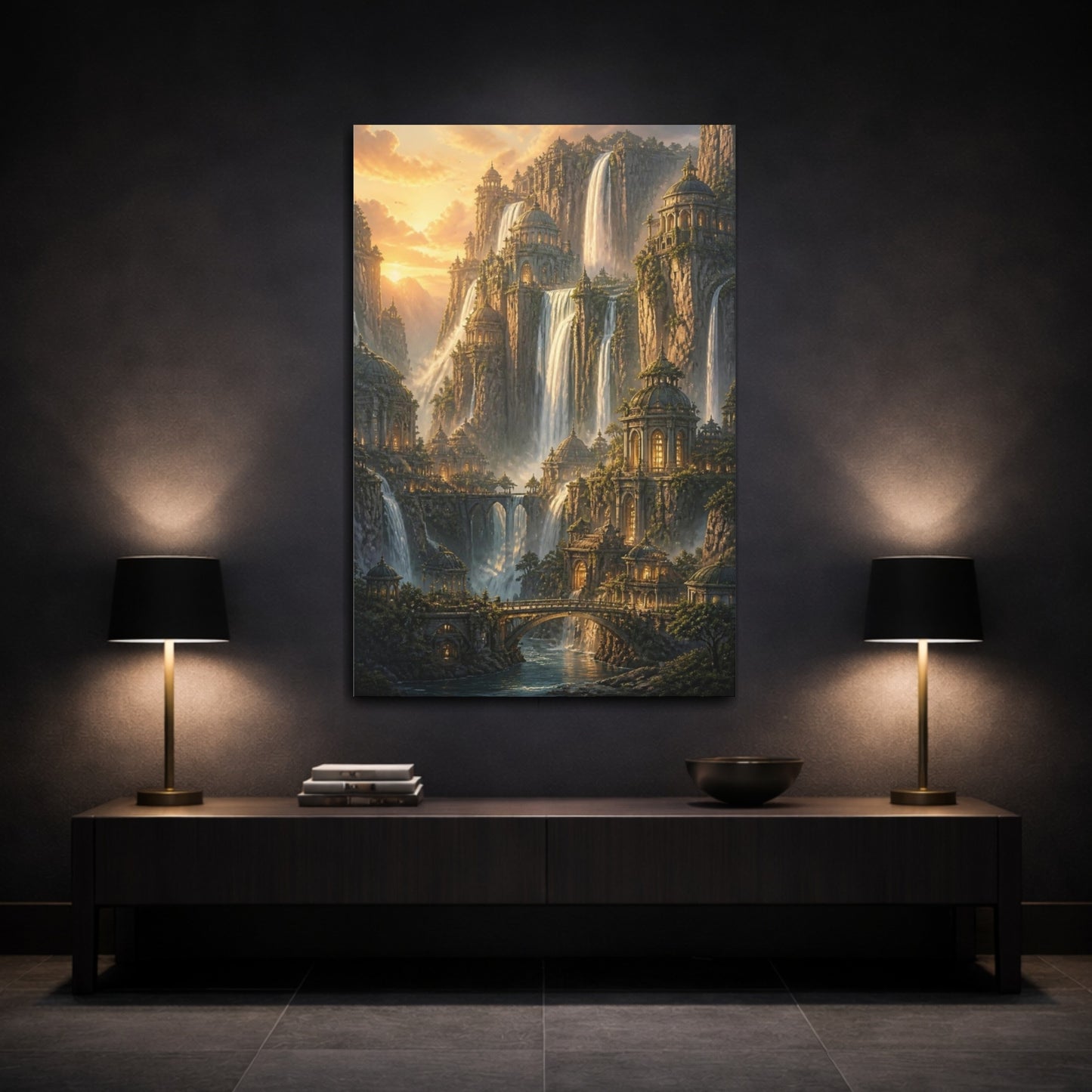 Mockup 3. Waterfall City At Sunset shown as canvas print