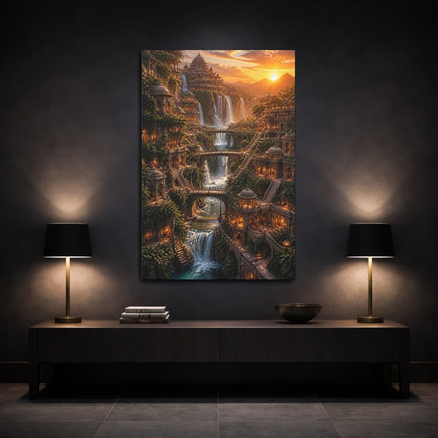 Mockup 3. Waterfall Empire At Sunset shown as canvas print