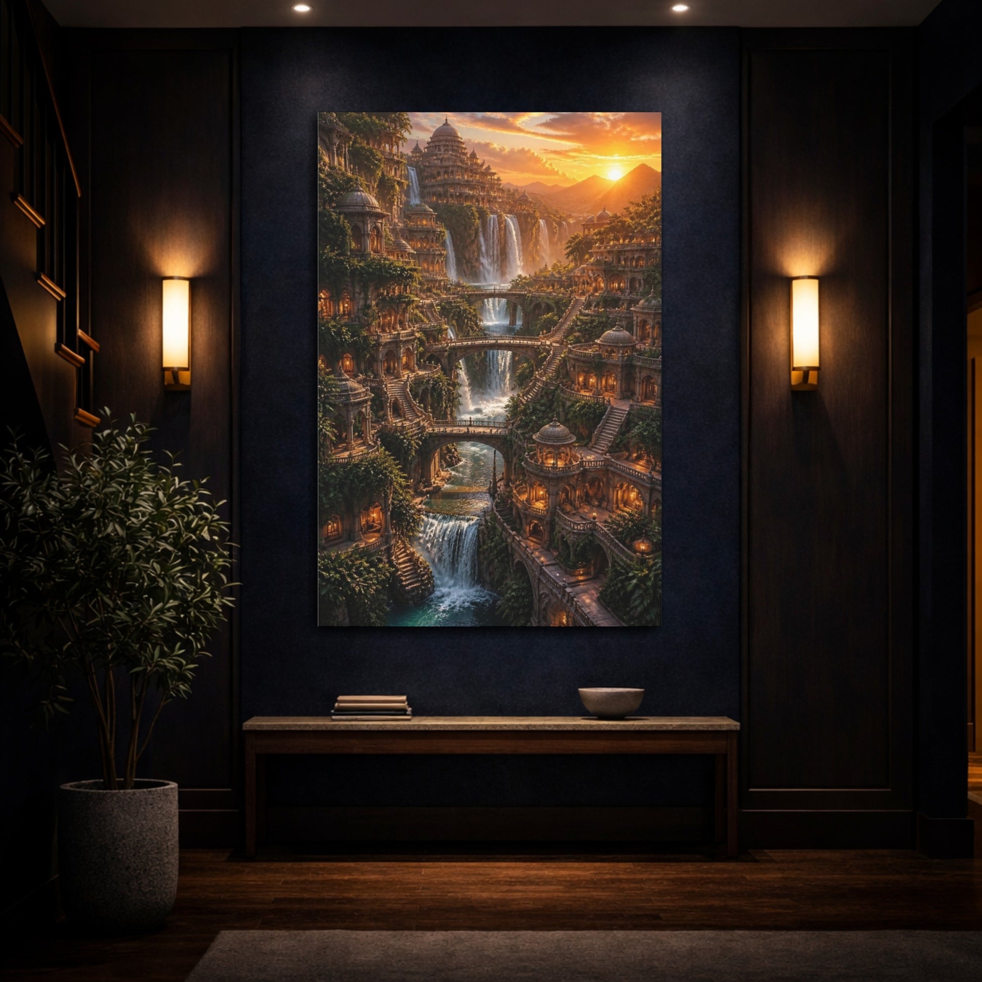 Mockup 4. Waterfall Empire At Sunset shown as canvas print