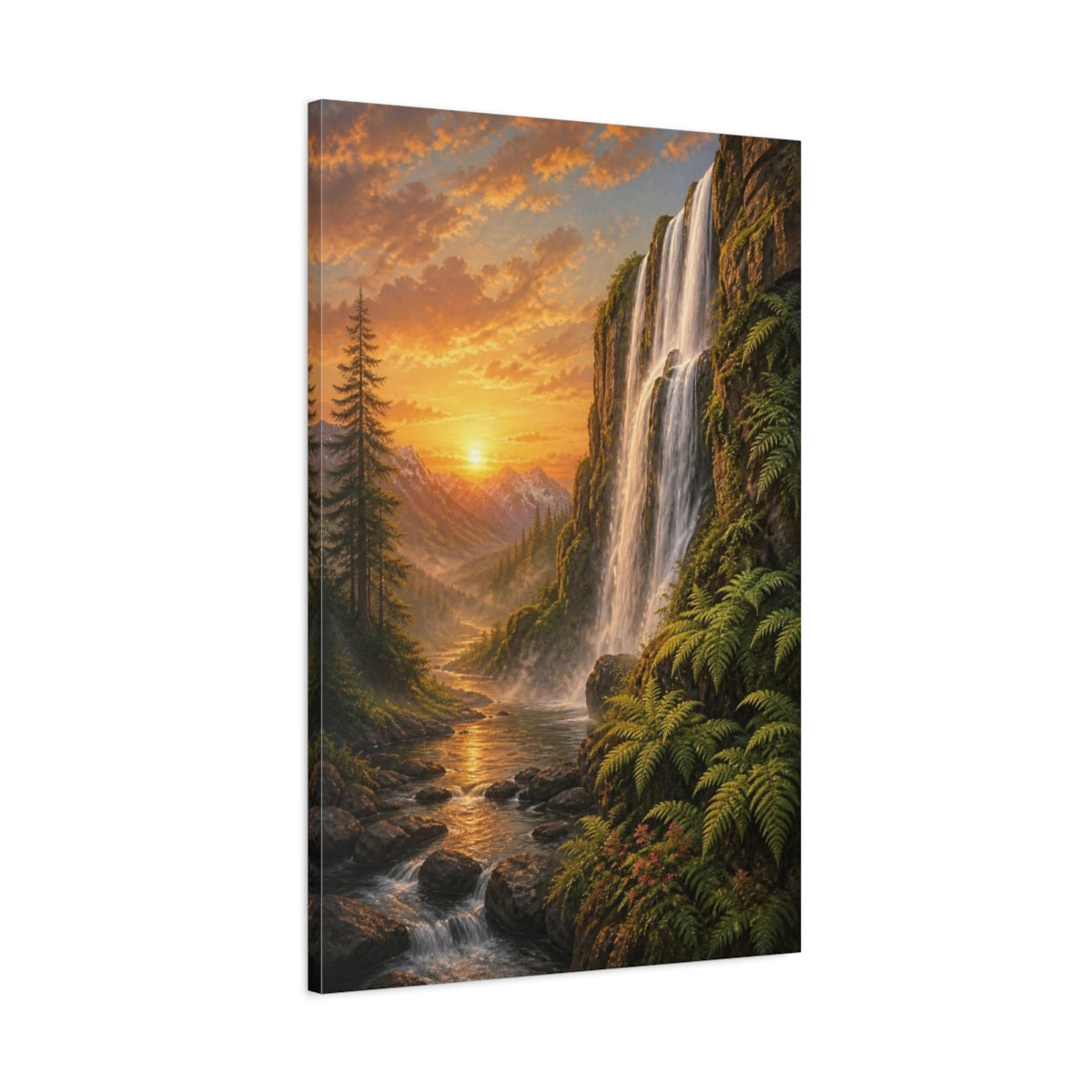 Main Mockup. Waterfall Landscape At Sunset shown as canvas print