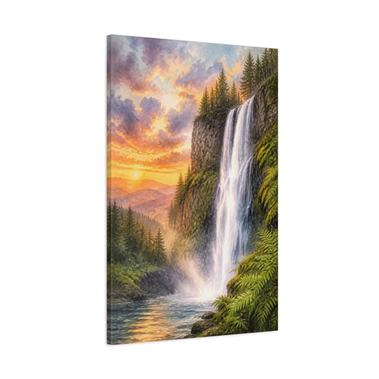 Main Mockup. Waterfall Landscape At Sunset shown as canvas print