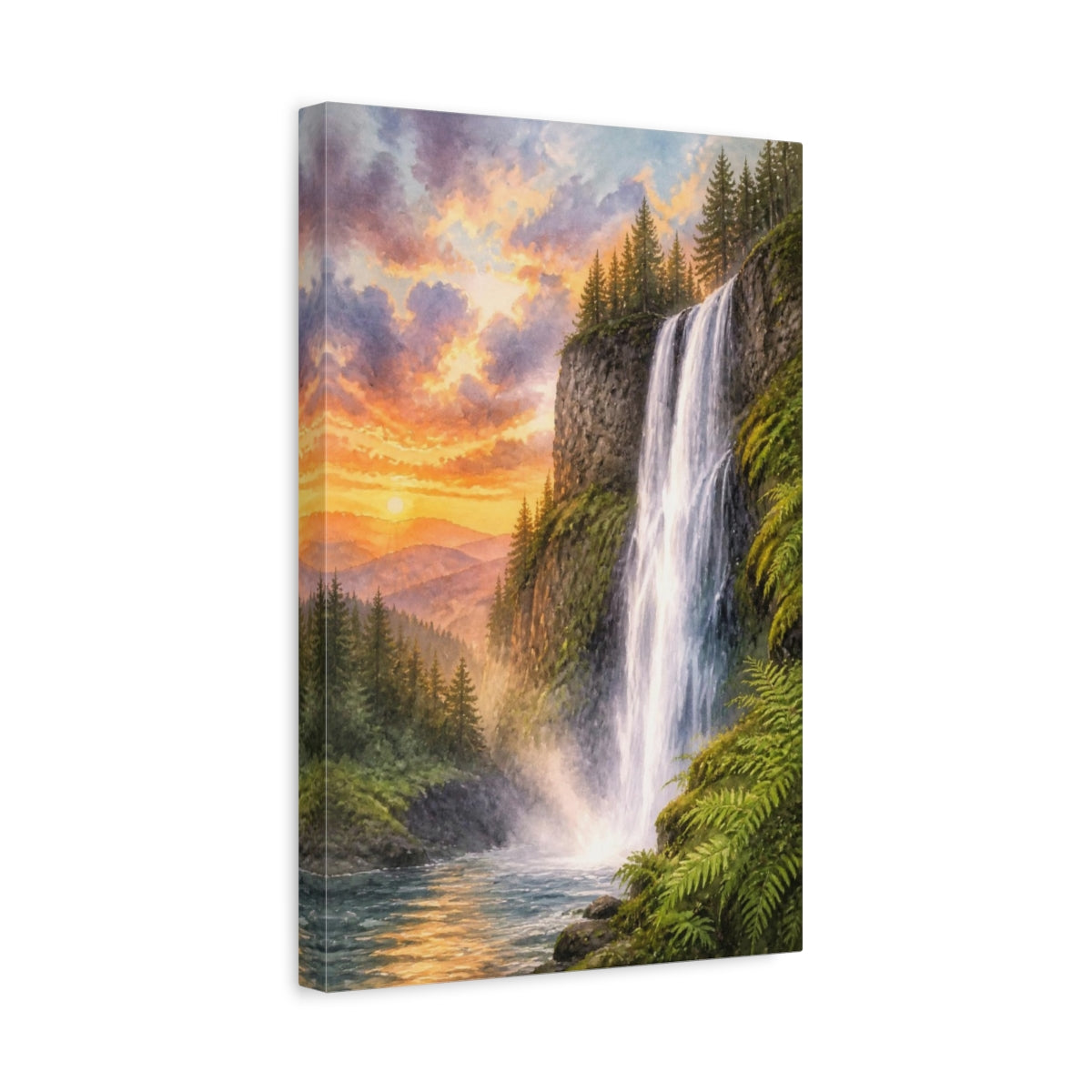 Side Mockup 4. Waterfall Landscape At Sunset shown as canvas print