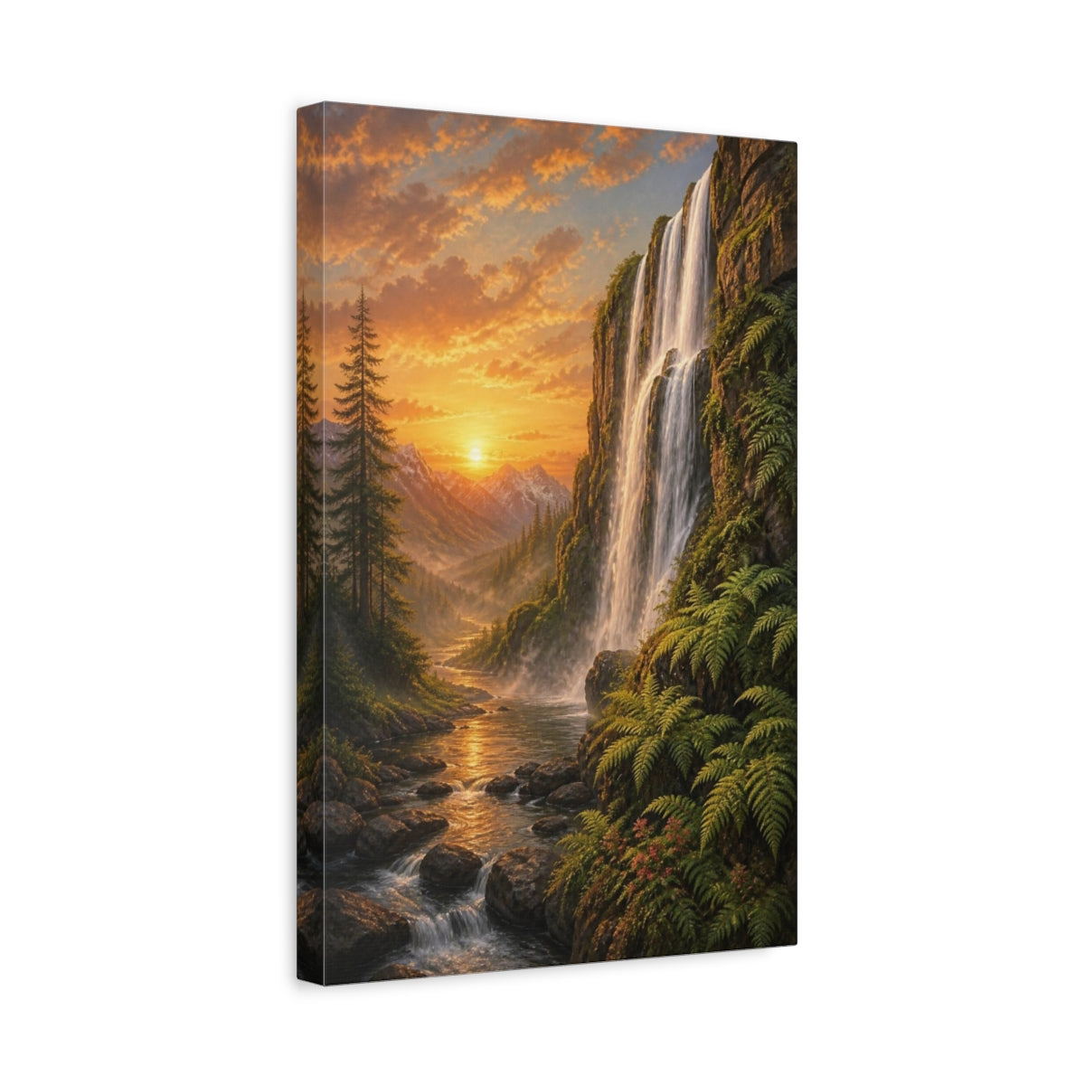 Side Mockup 4. Waterfall Landscape At Sunset shown as canvas print