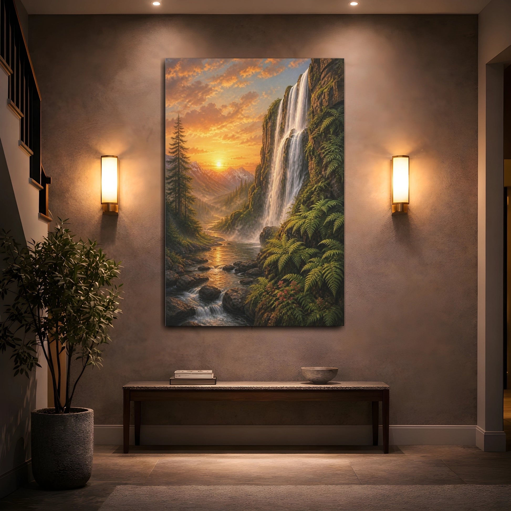 Mockup 2. Waterfall Landscape At Sunset shown as canvas print