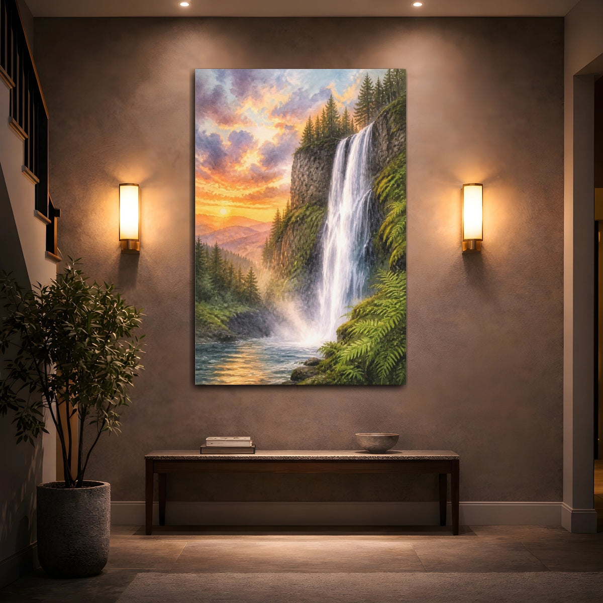 Mockup 2. Waterfall Landscape At Sunset shown as canvas print