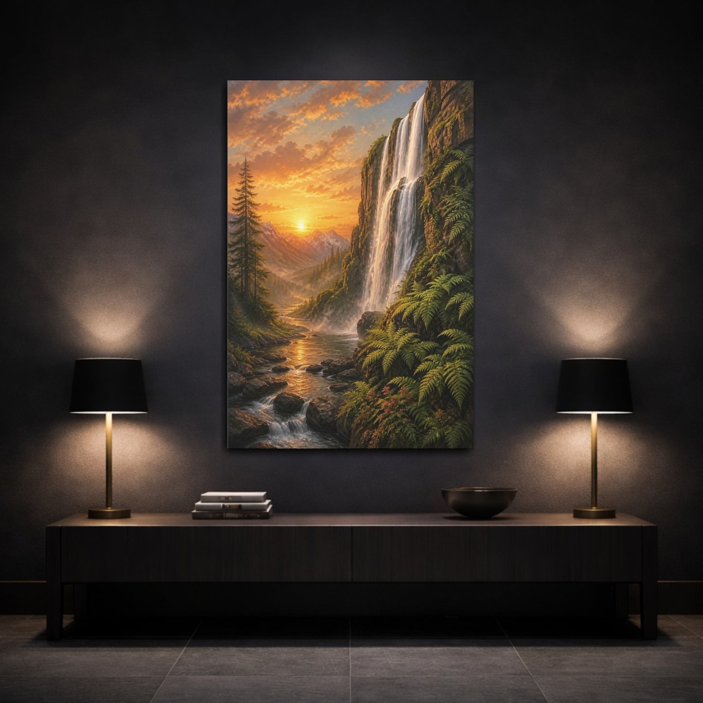 Mockup 3. Waterfall Landscape At Sunset shown as canvas print
