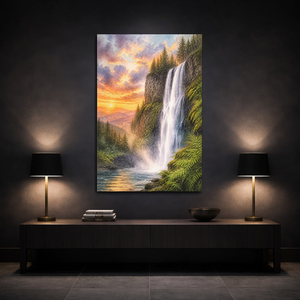 Mockup 3. Waterfall Landscape At Sunset shown as canvas print